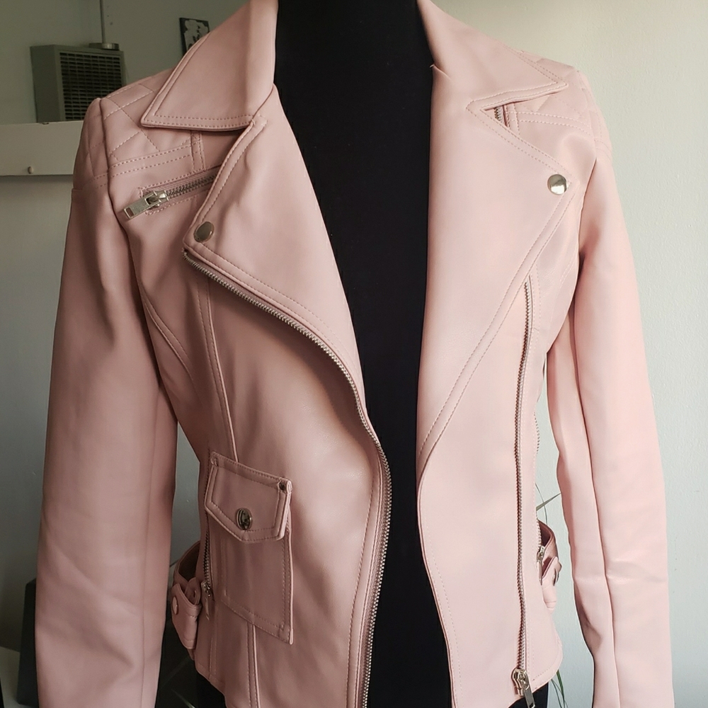 Dusky Pink Leather Look PVC Moto Jacket